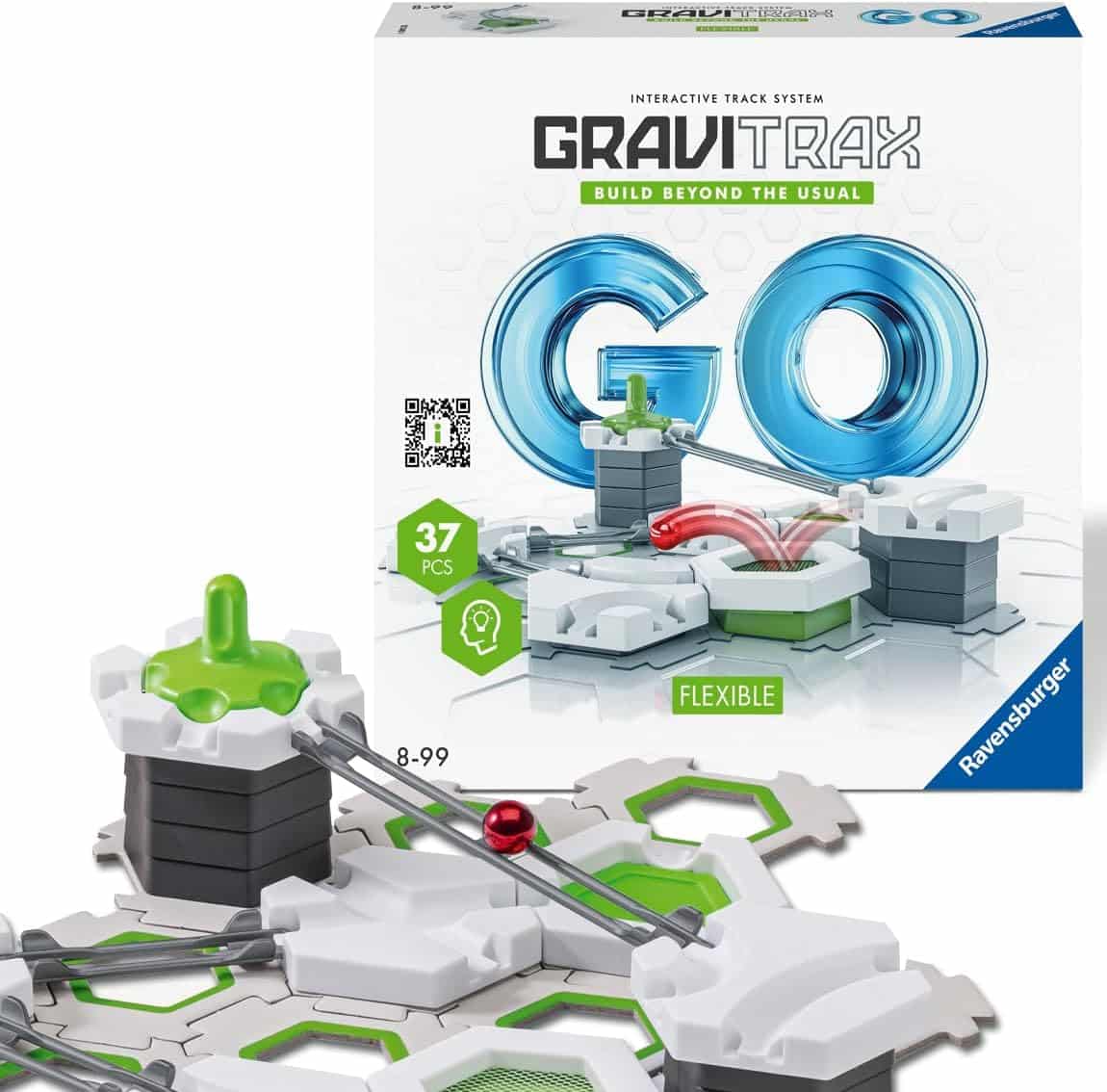 GraviTrax GO flexible marble track set box with blue flexible loop graphic and gray parts