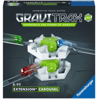 Interactive track extension carousel set with green and white components on display