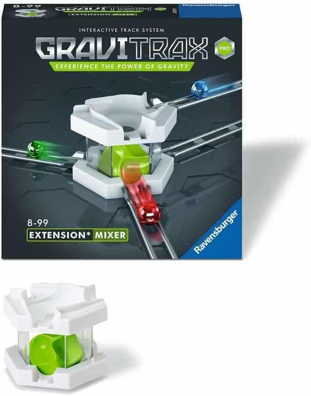 GraviTrax PRO extension mixer module with white housing and green and red parts