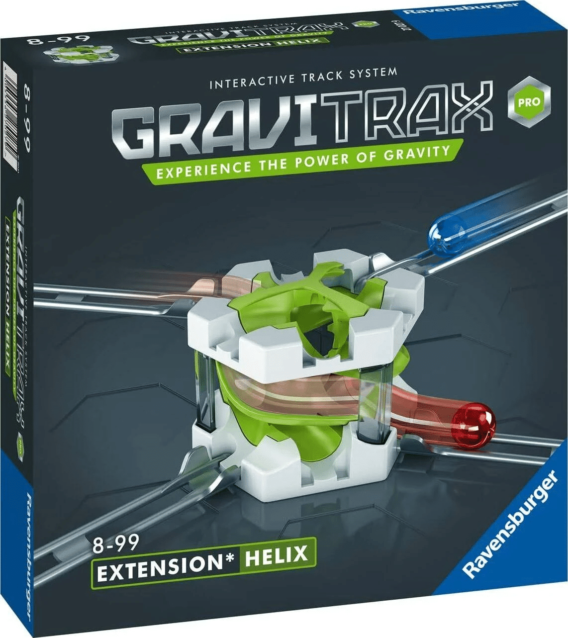 GraviTrax Pro helix track extension box with green helix and clear rails