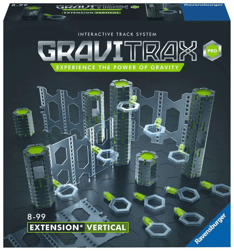 GraviTrax PRO vertical extension track system set with green towers and gray track pieces