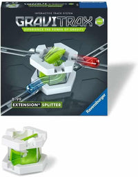 Gravity marble run extension splitter with white frame, green inserts, and red track connector.