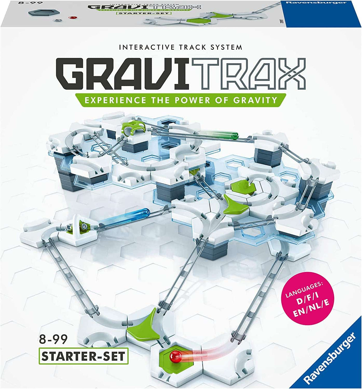 Marble run starter track set with white tiles, blue towers, and green curved ramps