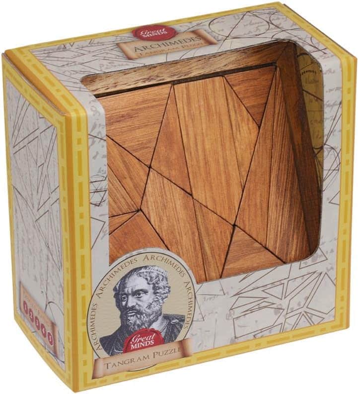Wooden tangram puzzle in display box with geometric wood pieces
