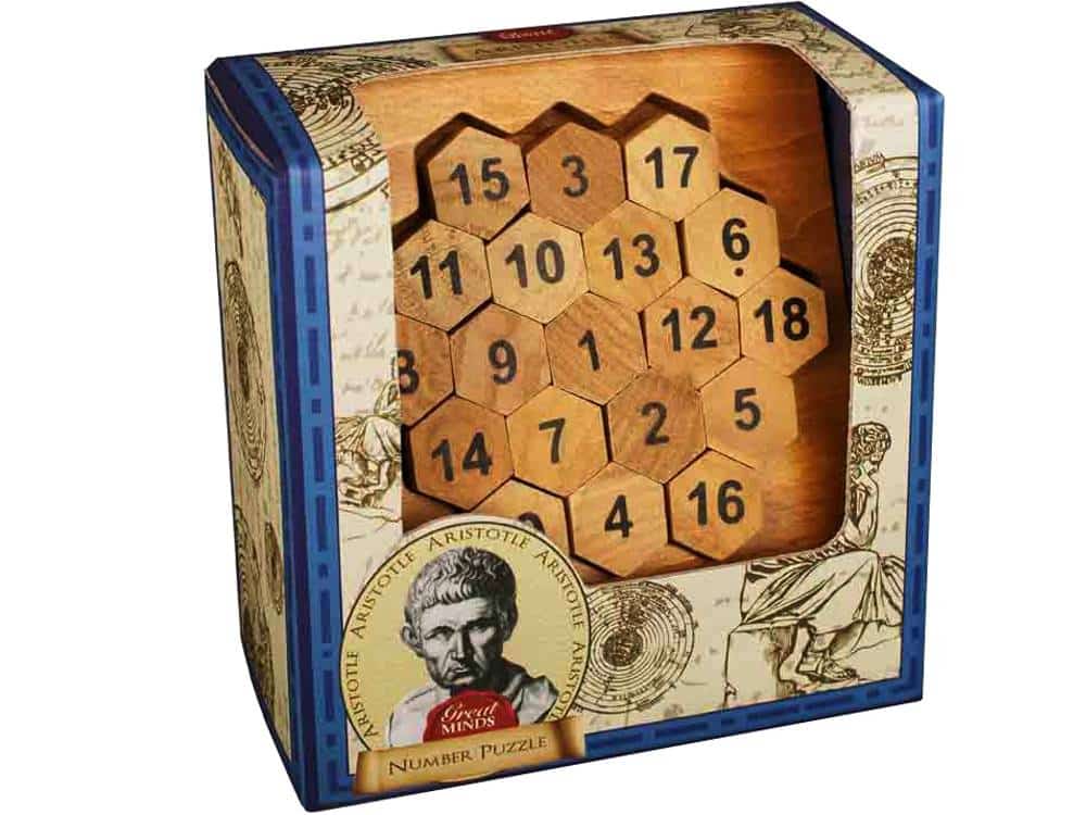 Number puzzle box with numbered hexagon tile graphic and Aristotle portrait