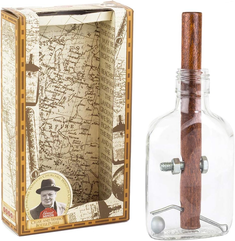 Cardboard box and glass bottle cigar puzzle with cork and metal fittings