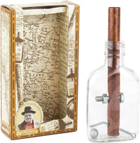 Cardboard box and glass bottle cigar puzzle with cork and metal fittings