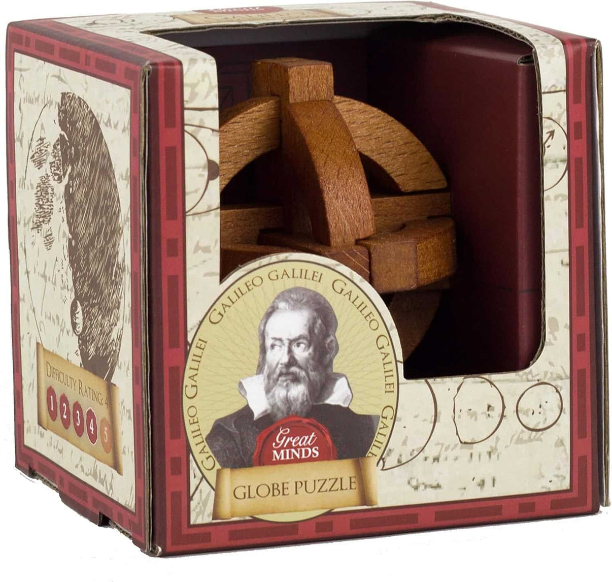Galileo-style globe puzzle in red-and-white gift box, open window shows wooden pieces