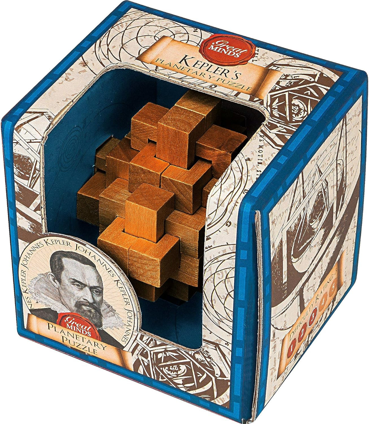 Kepler planetary wooden cube puzzle in blue box with wooden pieces