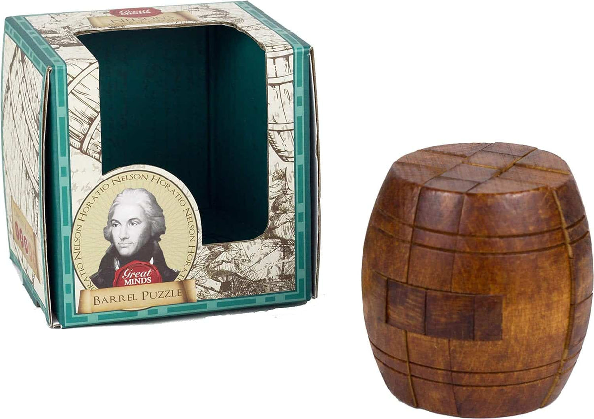 Wooden barrel-shaped puzzle in retail box, dark brown with banded panels.