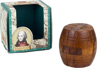 Wooden barrel-shaped puzzle in retail box, dark brown with banded panels.