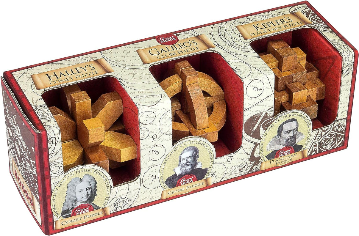 Boxed set of wood interlocking puzzles showing three cube designs in trays