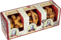 Boxed set of wood interlocking puzzles showing three cube designs in trays