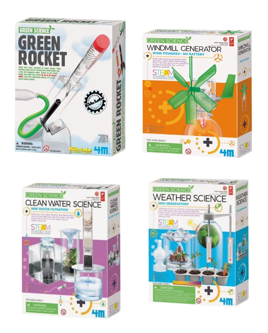 STEM science kit box set with windmill and rocket designs