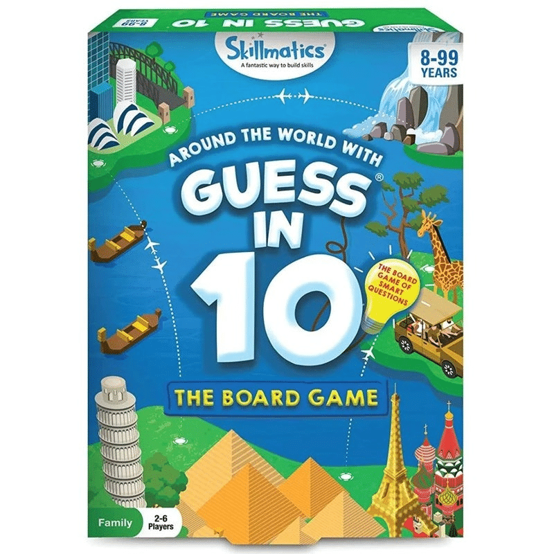 Guess in 10 board game box, world map artwork, 8–99 years, Skillmatics logo