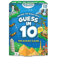 Guess in 10 board game box, world map artwork, 8–99 years, Skillmatics logo