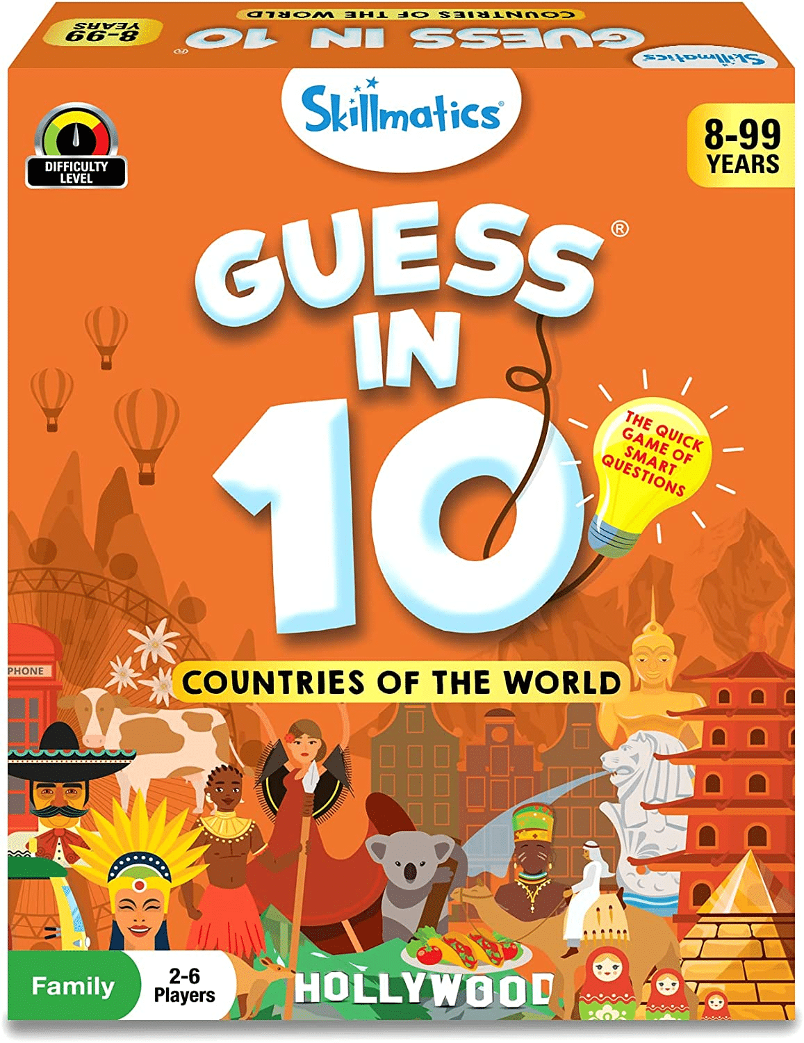 Board game box with colorful “Guess in 10” theme and world country graphics