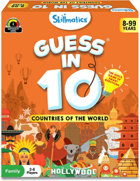 Board game box with colorful “Guess in 10” theme and world country graphics