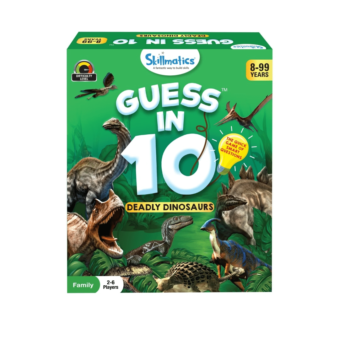 Dinosaur card game box with green design, Guess in 10, and deadly dinos theme