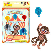 Hama beads hanging box kit with circus design, including bead boards and character pieces