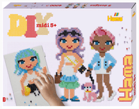 Hama Beads gift box showing two bead character templates and hand placing beads