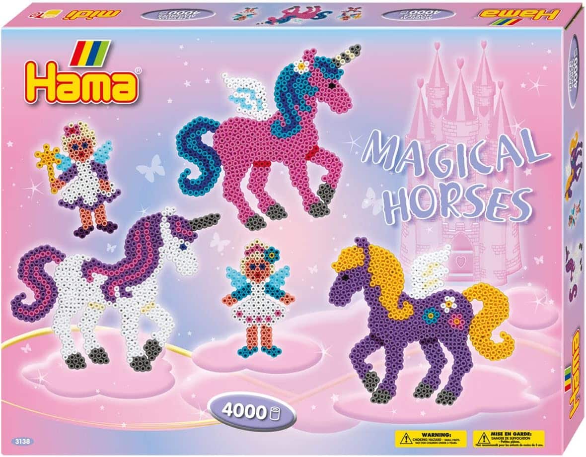 Hama Magical Horses bead craft gift box with multicolor unicorn horse designs