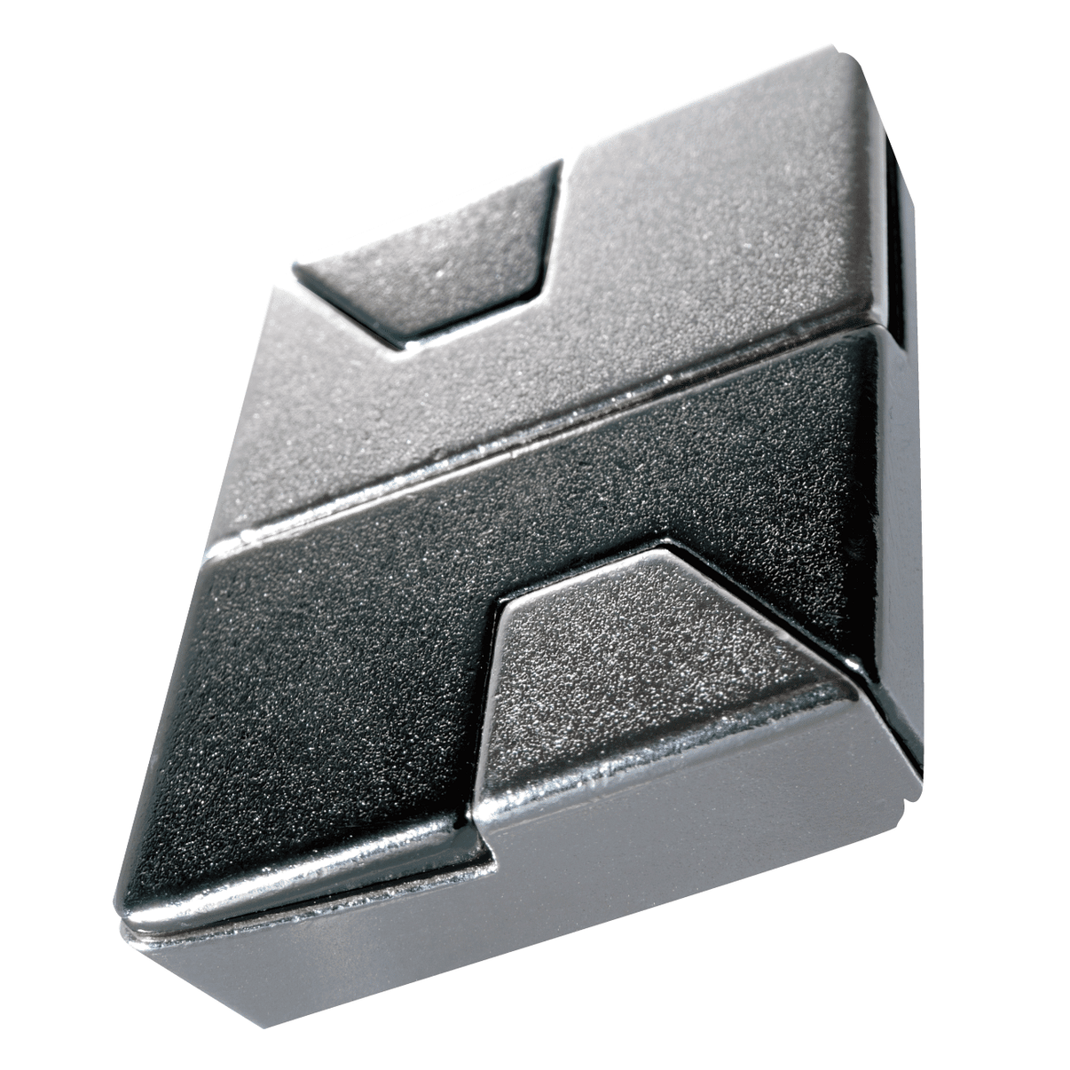 Diamond-shaped metal puzzle block with textured dark gray and black surfaces