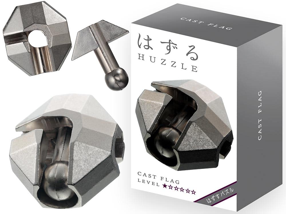 Metallic gray Hanayama Huzzle puzzle, hexagonal cast-flag shape with rod and round ends.
