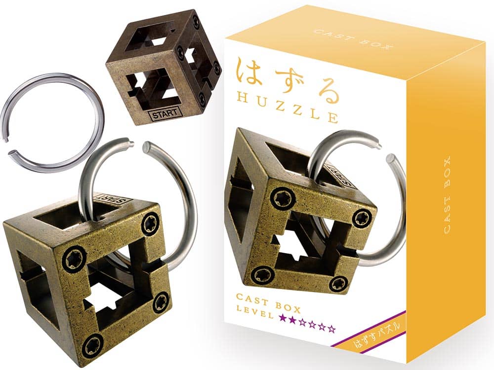Metal Huzzle L2 puzzle box with two circular rings and cutout opening