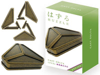 Cast metal delta puzzle set with three triangular pieces and retail box