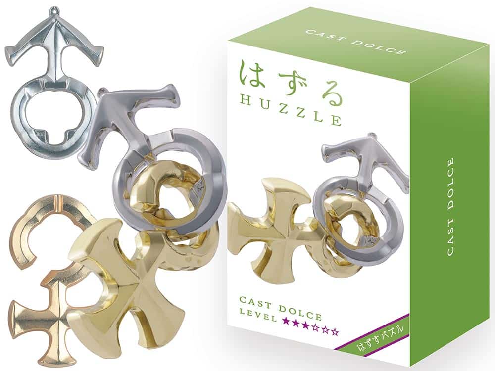 Hanayama Huzzle L3 Dolce cast puzzle pieces with gold and silver rings