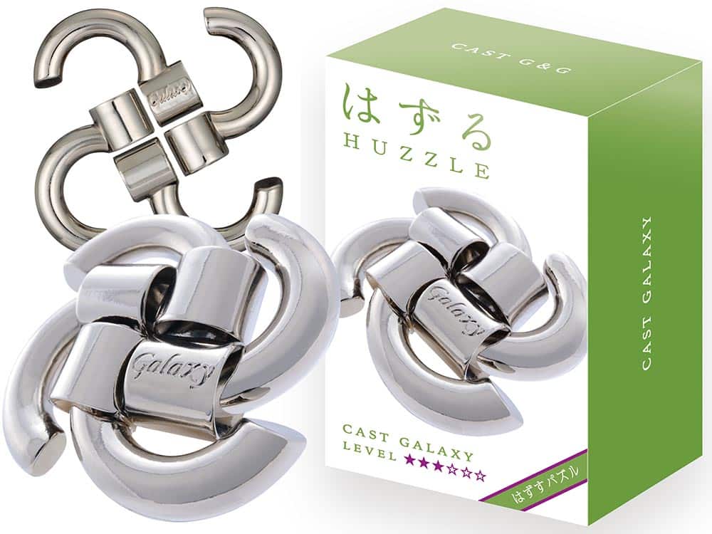 Metal cast puzzle toy shaped like a 3-piece claw with Galaxy label