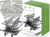 Cast metal shift puzzle with interlocking hashtag-shaped pieces, shown with retail box.