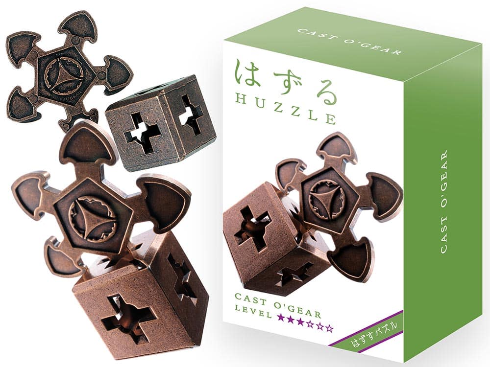 Hanayama Huzzle L3 O'Gear cast metal gear puzzle pieces, bronze and dark accents.