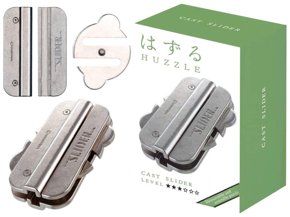 Hanayama Huzzle L3 slider puzzle with metal stack pieces and green box