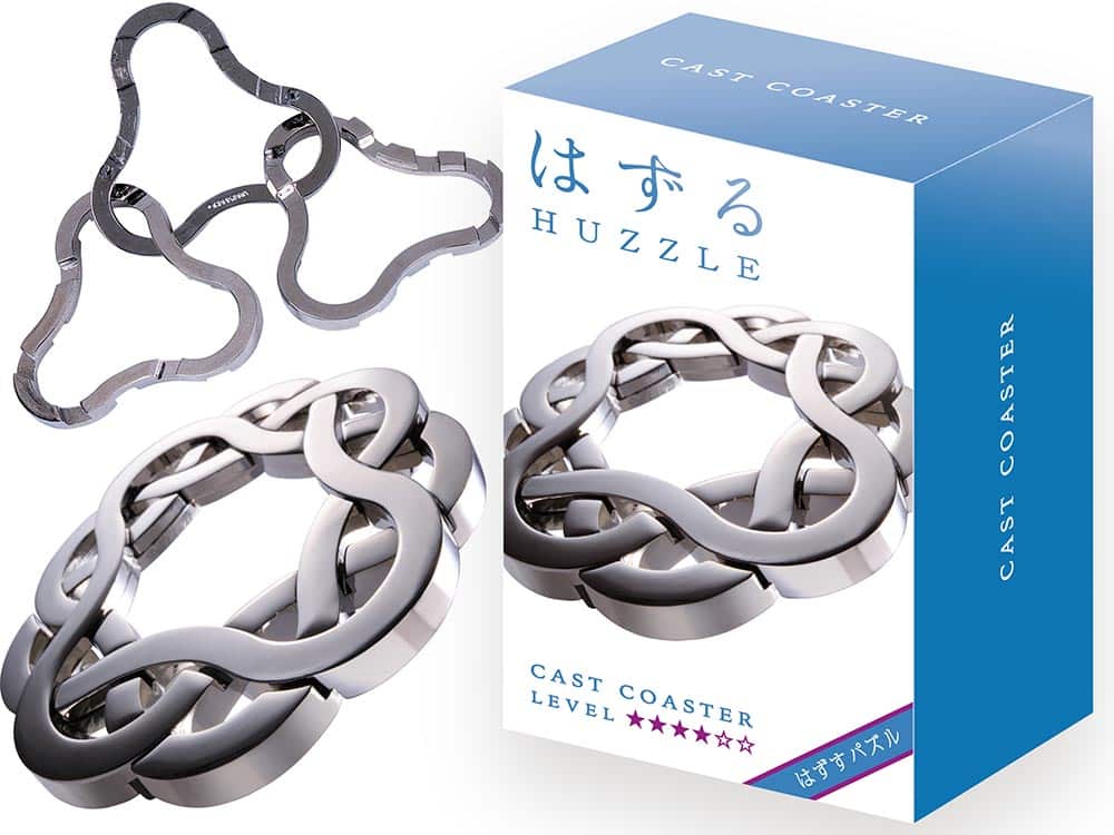 Metal chain-link coaster set with interlocking links and retail box