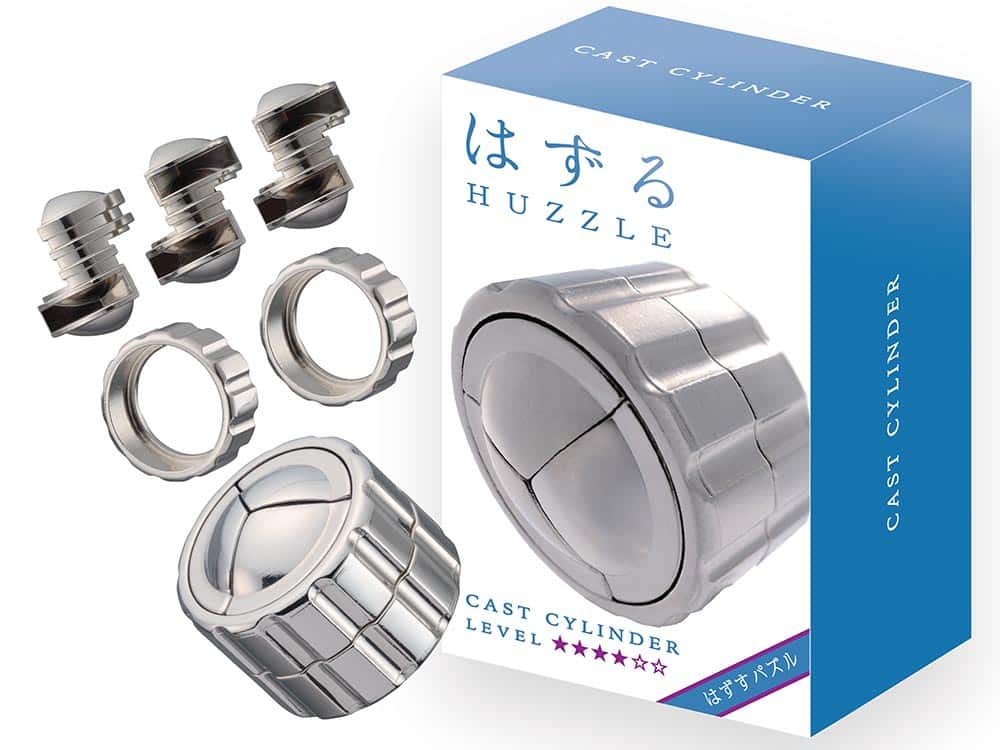 Metal cast cylinder puzzle with interlocking ring segments and retail box