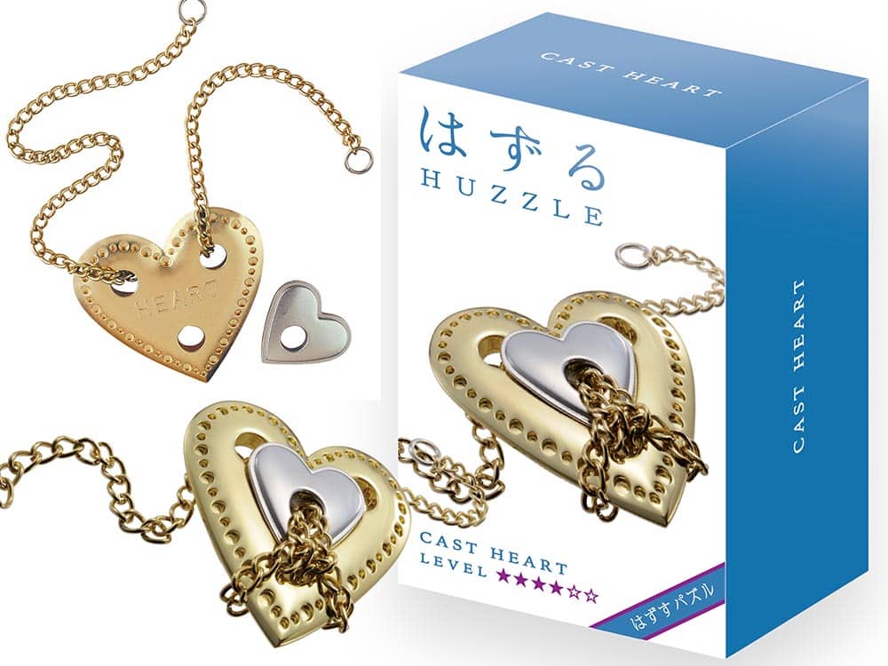 Brass heart-shaped puzzle necklace with interlocking metal hearts and chain