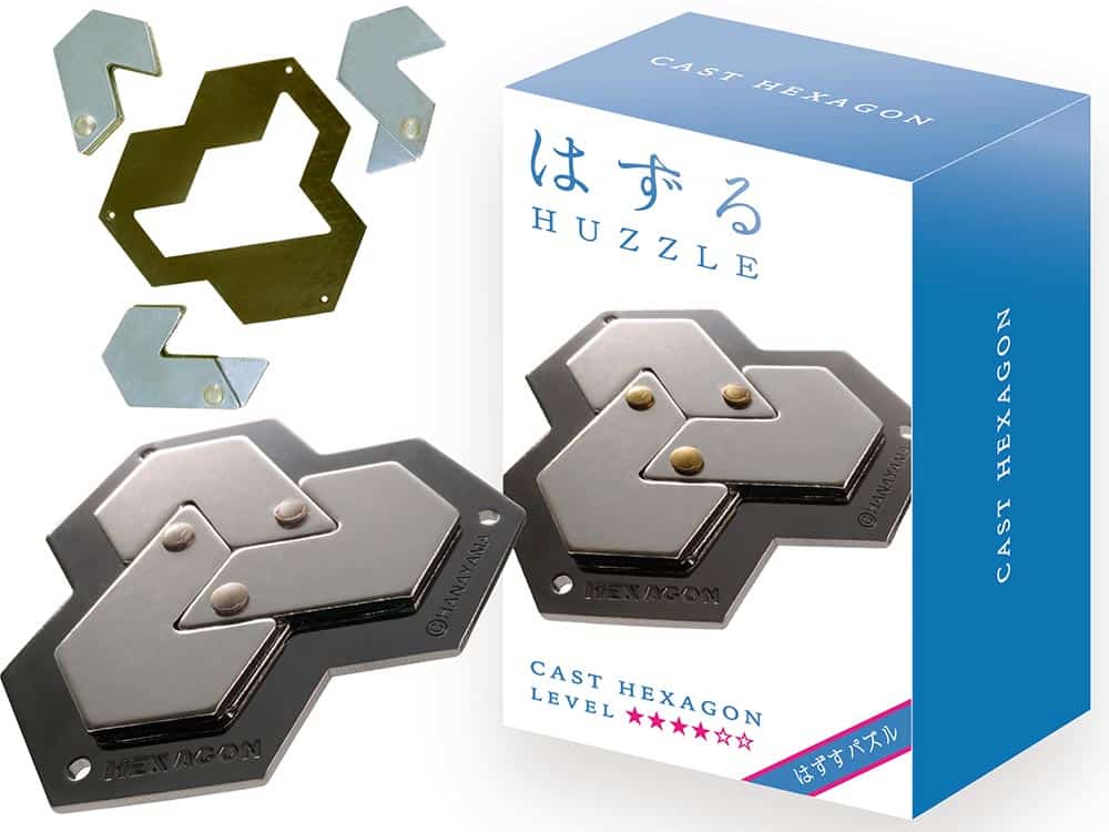Cast metal hexagon puzzle set with interlocking pieces and retail box