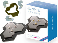 Cast metal hexagon puzzle set with interlocking pieces and retail box