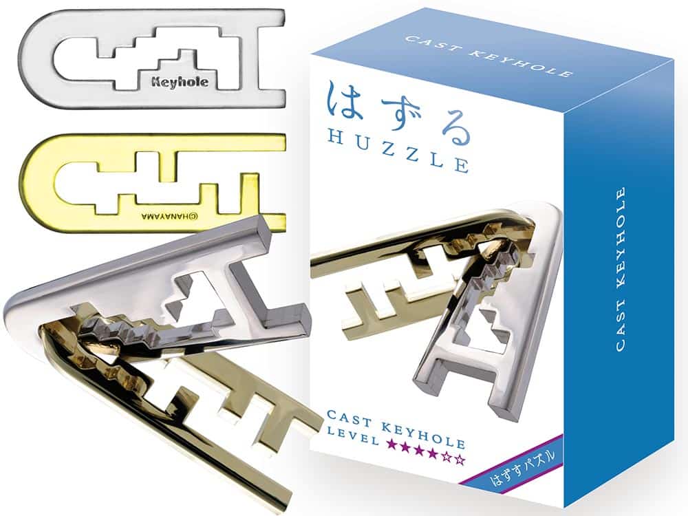 Metal keyhole puzzle with interlocking pieces and cast keyhole tray, in box