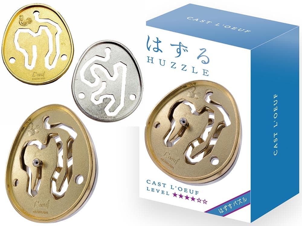 Hanayama Huzzle L4 metal egg puzzle set with gold and silver circular pieces