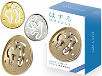 Hanayama Huzzle L4 metal egg puzzle set with gold and silver circular pieces