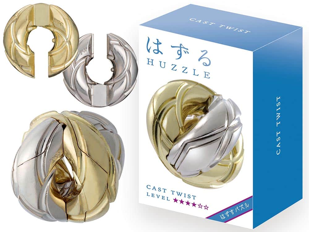 Hanayama Huzzle L4 twist puzzle, gold and silver metallic interlocking ring