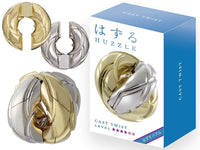 Hanayama Huzzle L4 twist puzzle, gold and silver metallic interlocking ring
