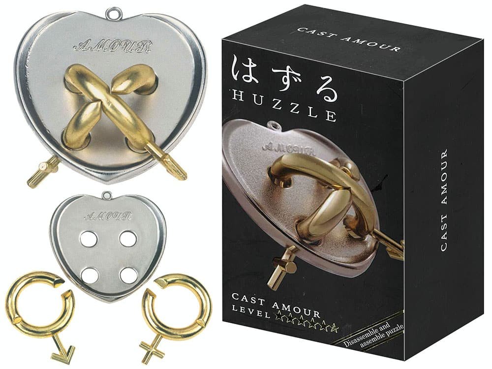 Hanayama Huzzle L5 Amour metal heart puzzle with gold bow, rings, and key pieces