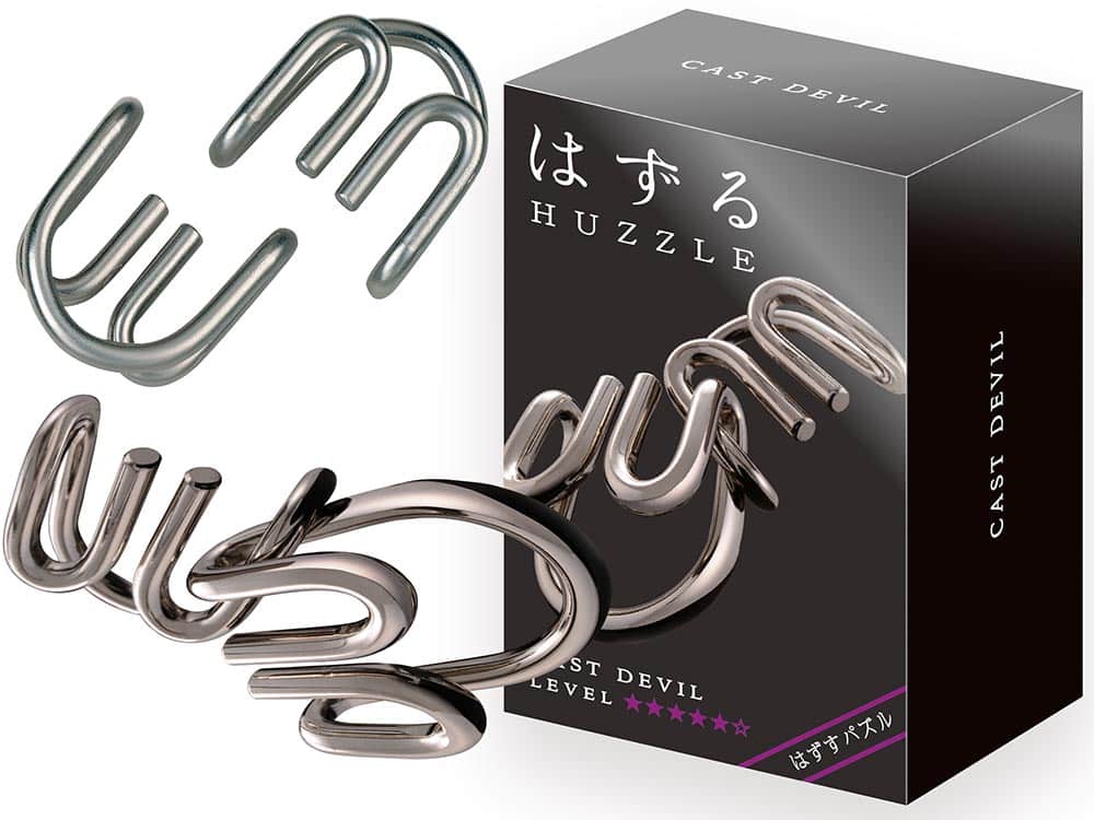 Metal devil-shaped puzzle pieces with interlocking silver wire loops