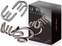 Metal devil-shaped puzzle pieces with interlocking silver wire loops