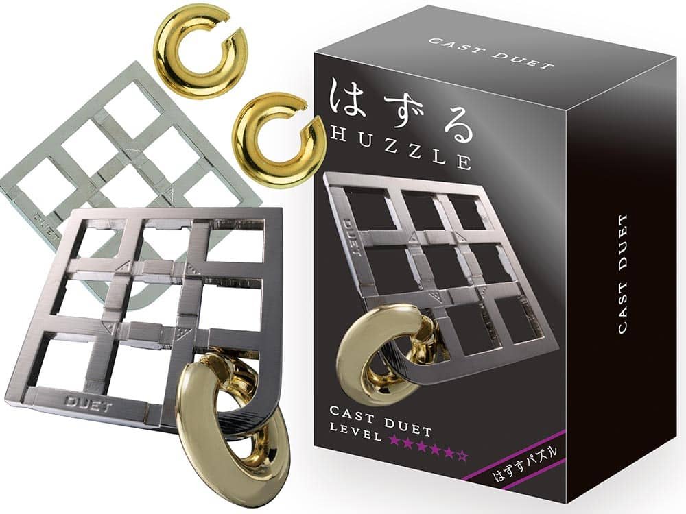 Hanayama Huzzle L5 Duet cast puzzle with metal rings and interlocking gray pieces
