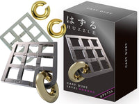 Hanayama Huzzle L5 Duet cast puzzle with metal rings and interlocking gray pieces